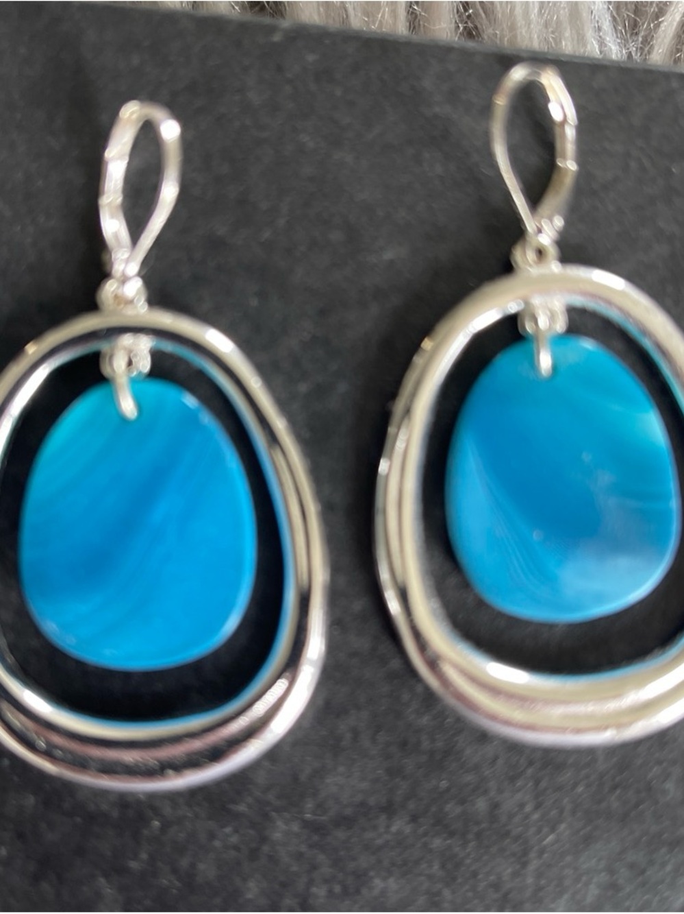Blue Oval Drop Earrings - Contemporary Silver-Tone Design